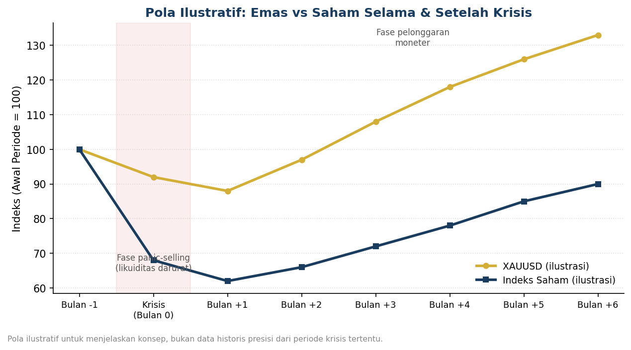 Pola ilustratif pergerakan emas vs saham selama dan setelah krisis